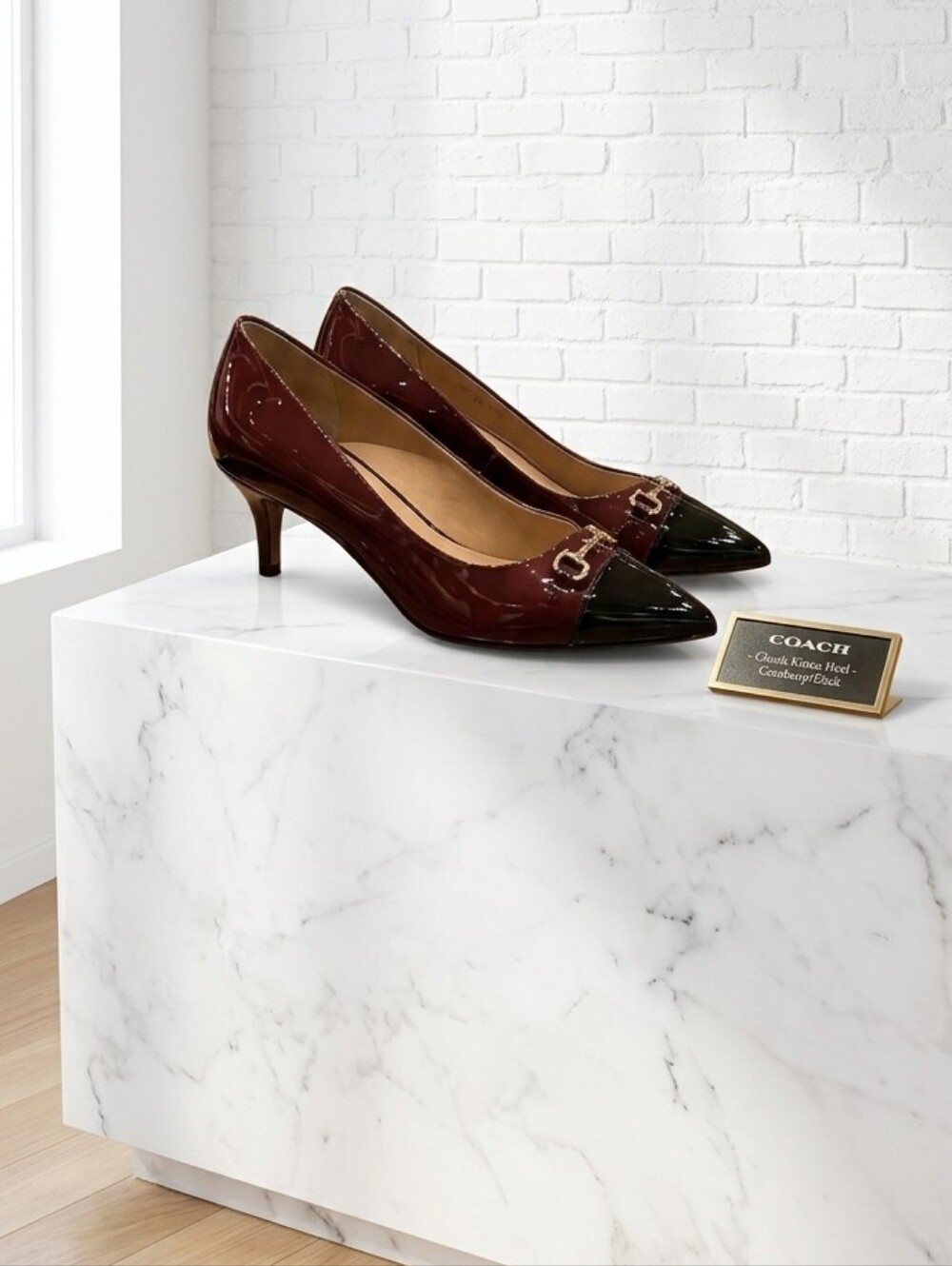 Coach Cranberry and Black Patent Mid-Heel Pumps